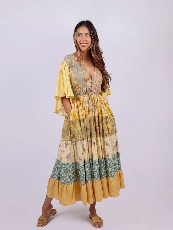 Sacred Threads Dresses & Skirts - Sacred Threads Flutter Sleeve Boho Yellow, Blue & Green Floral Tiered Maxi Dress